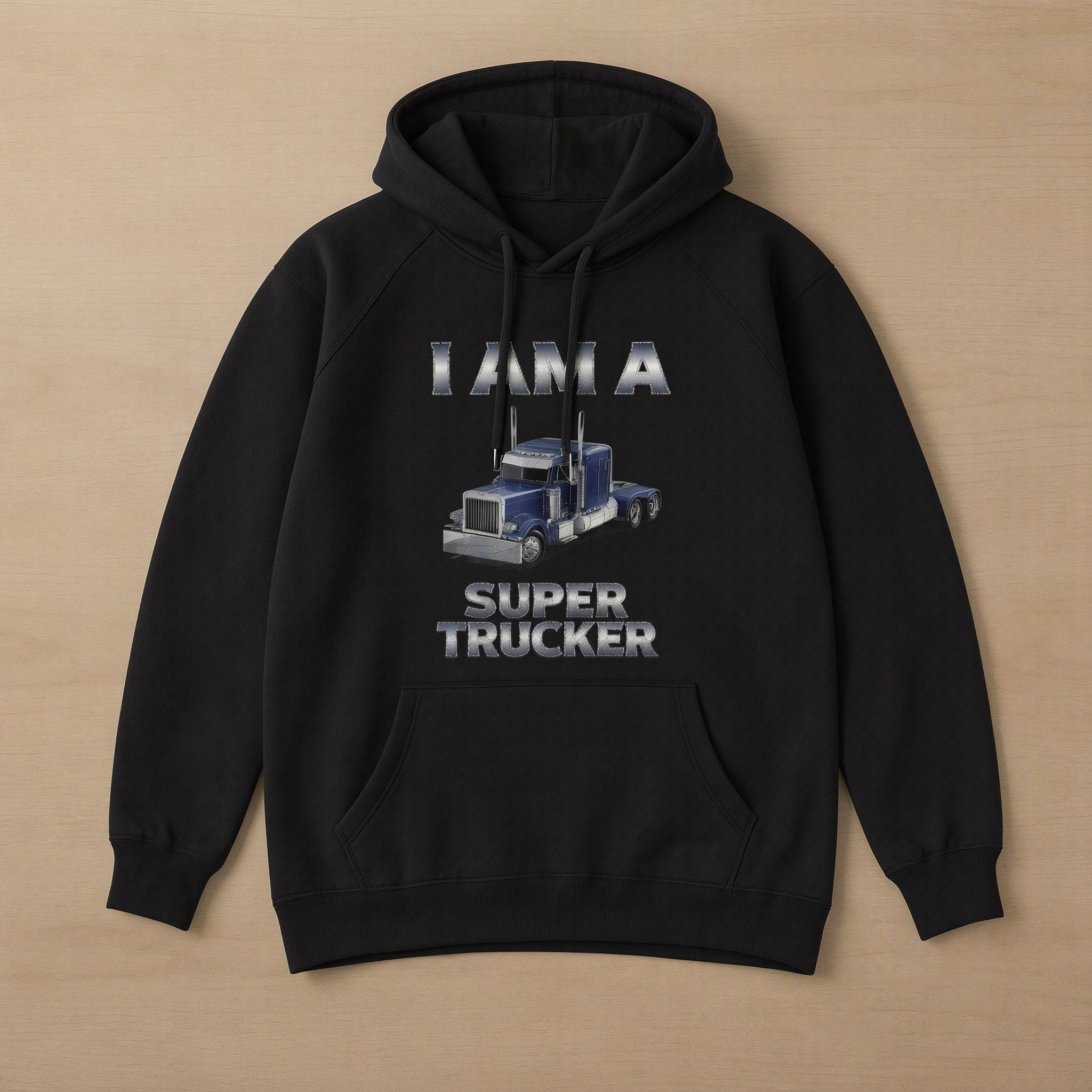 I Am a Super Trucker Hoodie — black pullover hoodie